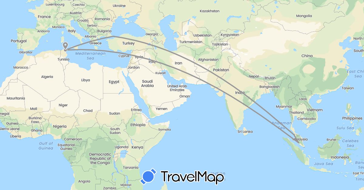 TravelMap itinerary: plane, hiking in Tunisia, Turkey (Africa, Asia)